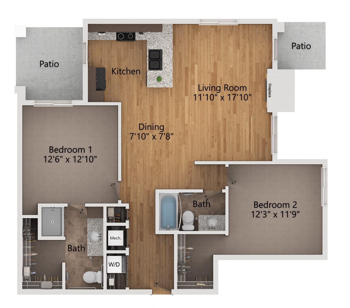 Floor plan for 2 beds, 2 baths, 1139 sqft